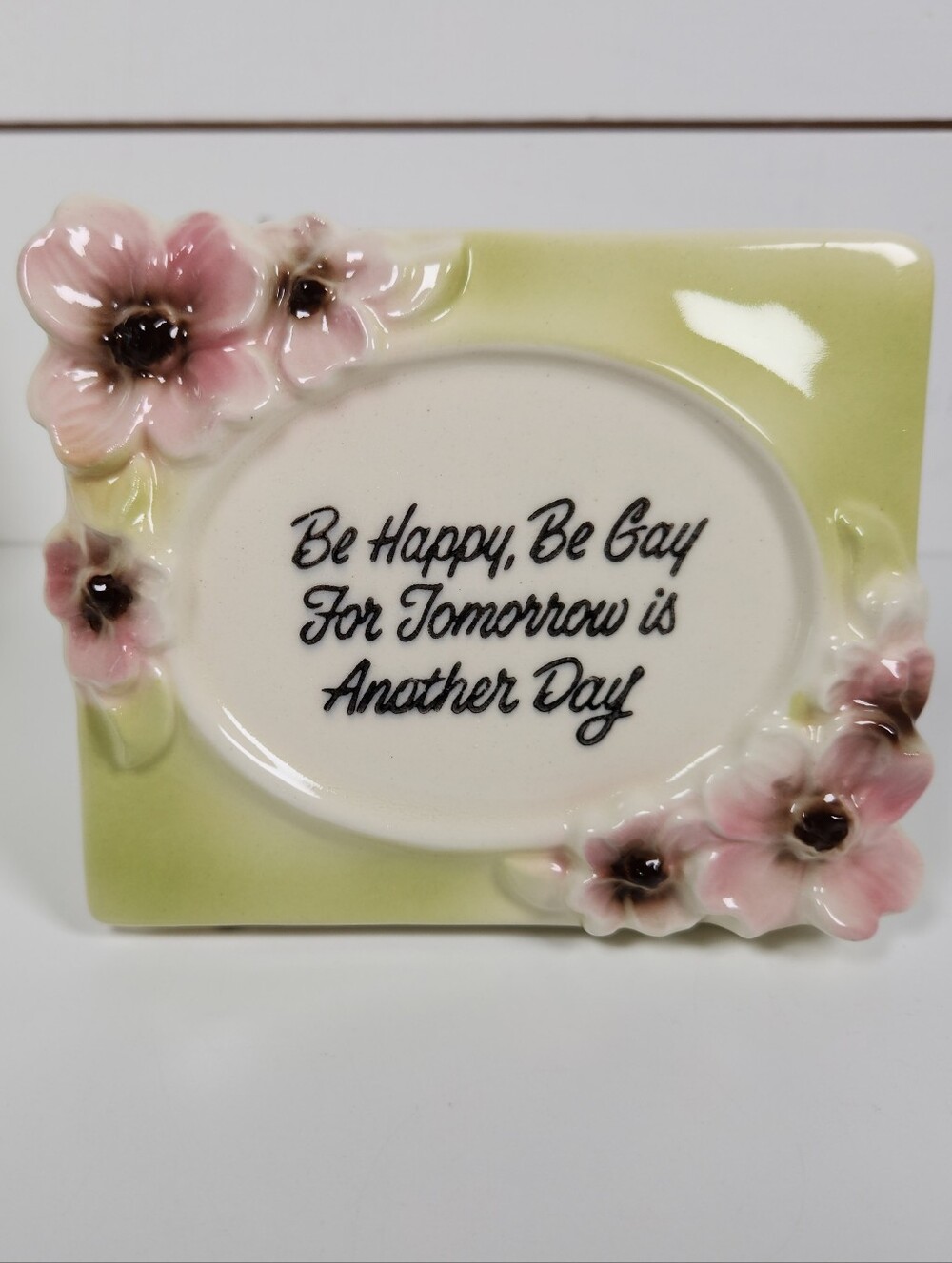 Vintage Royal Copley "Be Happy, Be Gay" Pink Dogwood Planter Vase | Green Retro